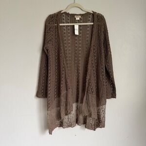 Y2K Boho Brown Crochet Cardigan Floral Lace Mesh Hem Open Front Medium NEW lagen